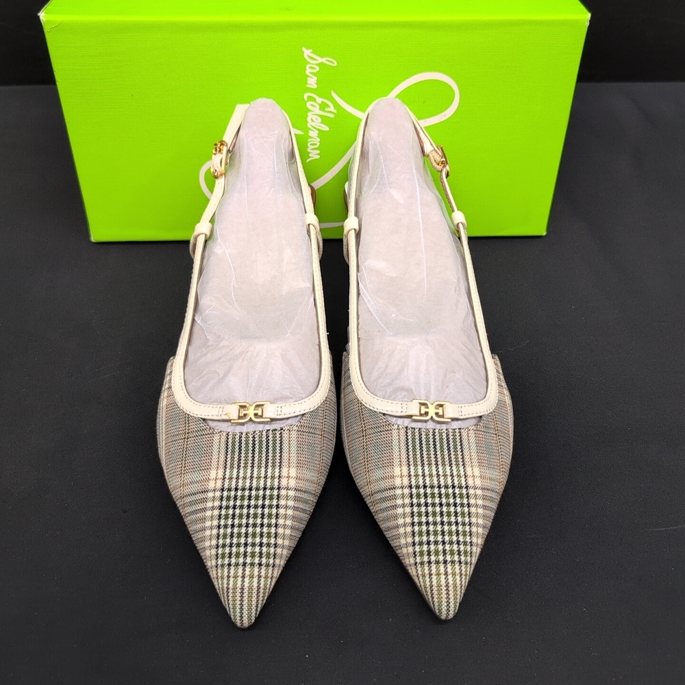 Sam Edelman Toni Slingback Pointed Toe Women's Kitten Heel Pump US 8.5 Oat Plaid - Picture 4 of 14